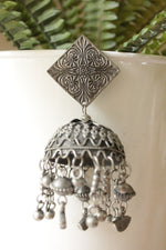 Load image into Gallery viewer, Oxidised Finish Metal Charm Strings Jhumka Earrings
