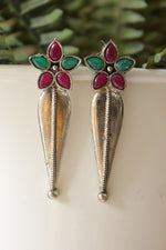 Load image into Gallery viewer, Fuchsia &amp; Green Glass Stones Embedded Silver Finish Drop Earrings
