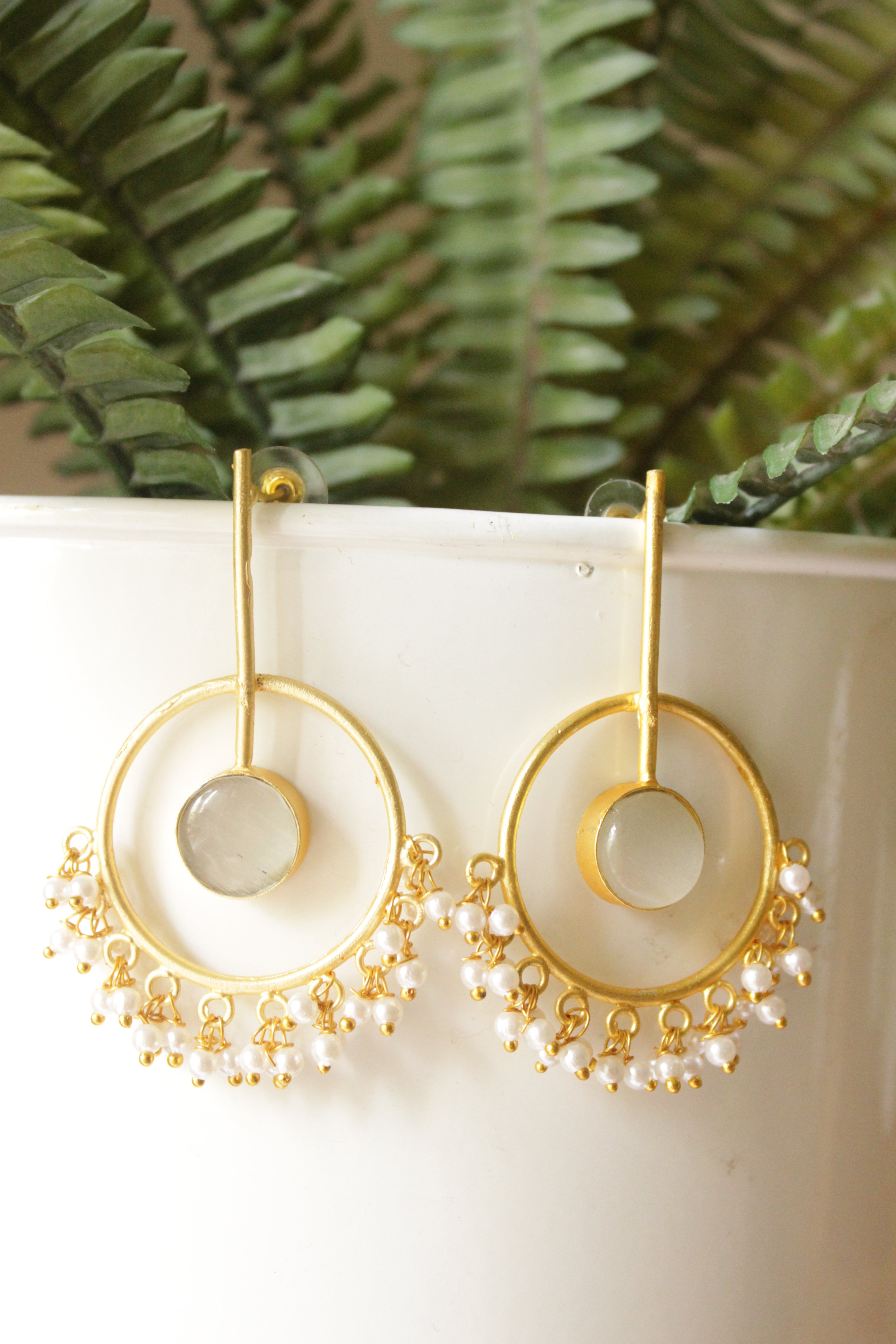 Ivory Raw Natural Gemstone Embedded Gold Finish Dangler Earrings