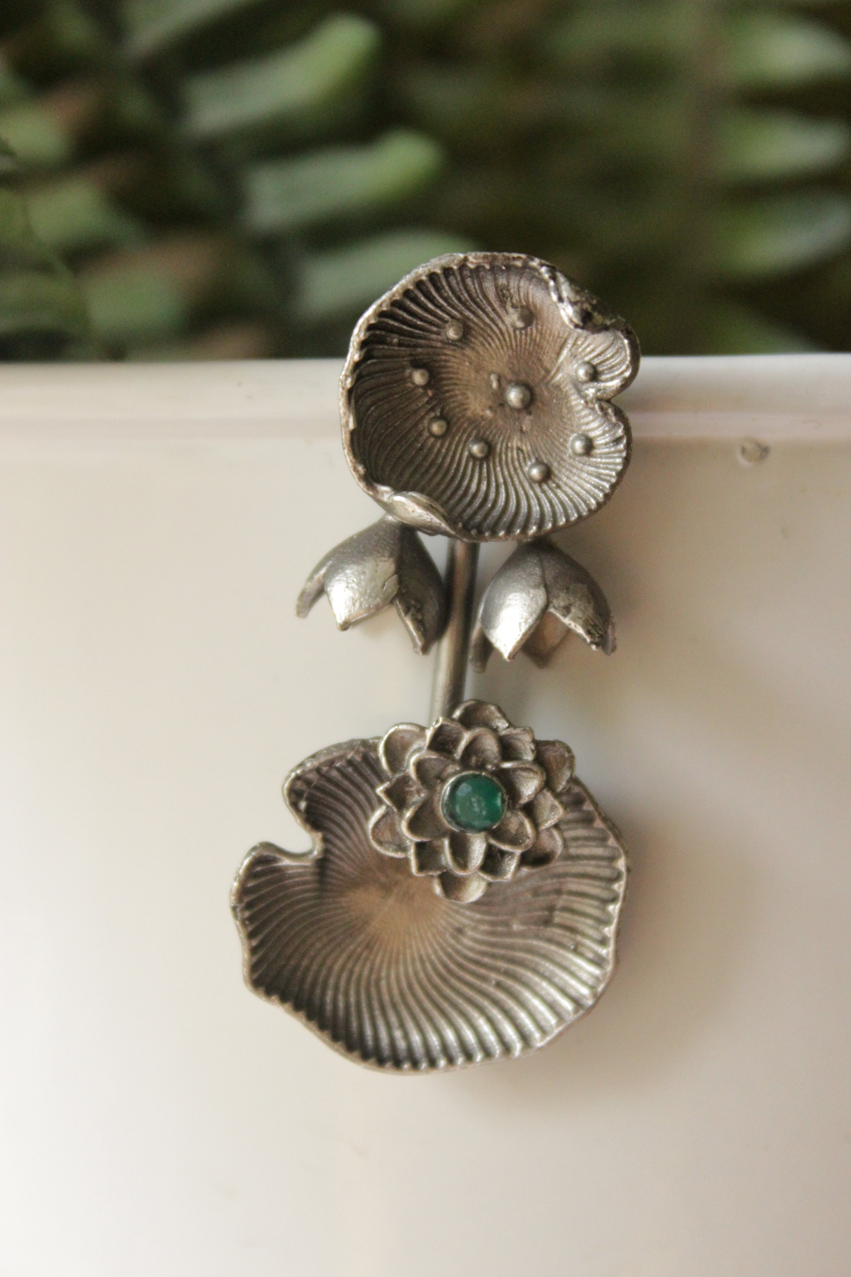 Oxidised Finish Sea Shell and Lotus Flowers Dangler Earrings