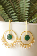 Load image into Gallery viewer, Green Raw Natural Gemstone Embedded Gold Finish Dangler Earrings
