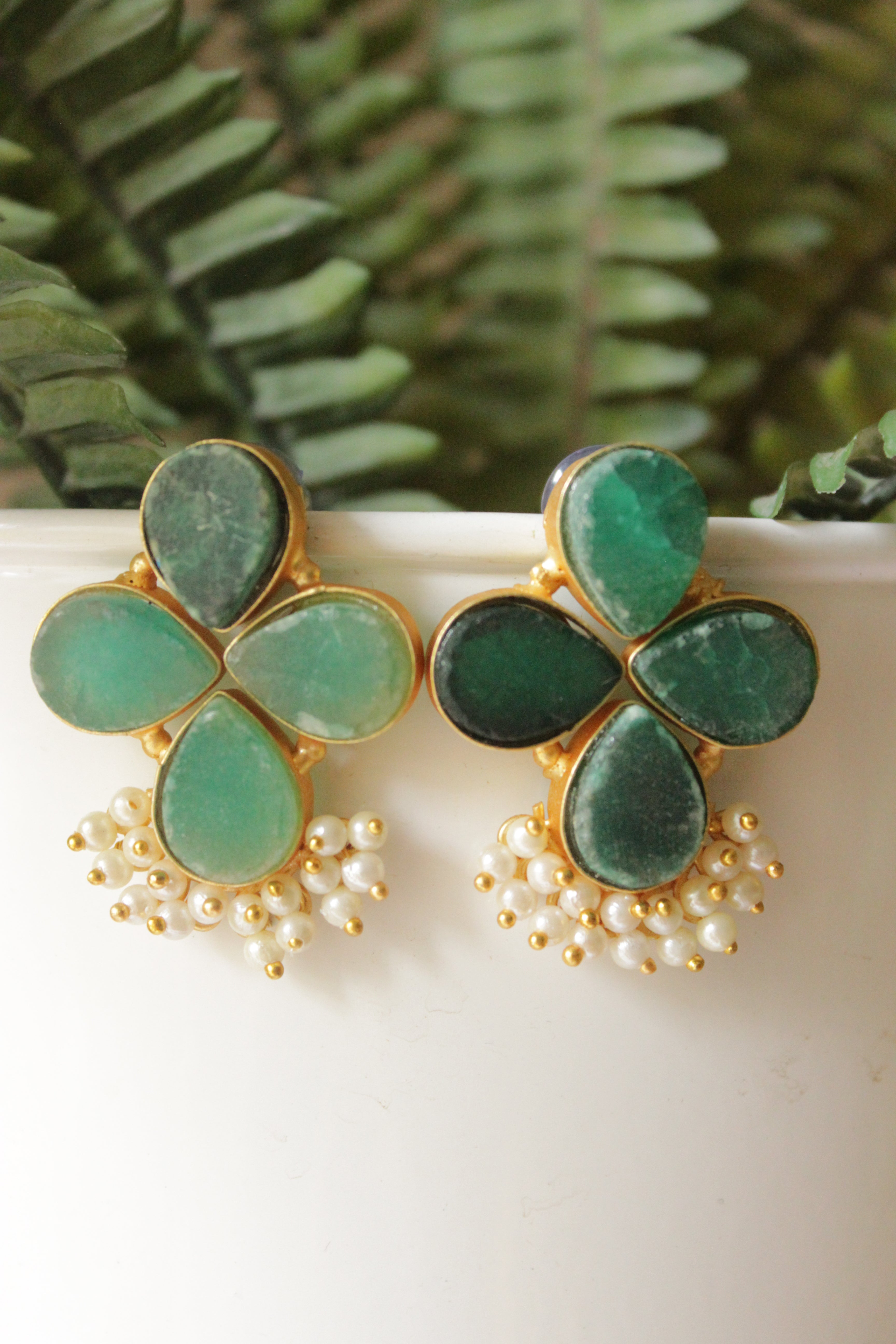 Bottle Green Sugar Druzy Natural Gemstones Embedded Gold Finish Festive Earrings