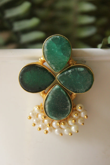 Bottle Green Sugar Druzy Natural Gemstones Embedded Gold Finish Festive Earrings