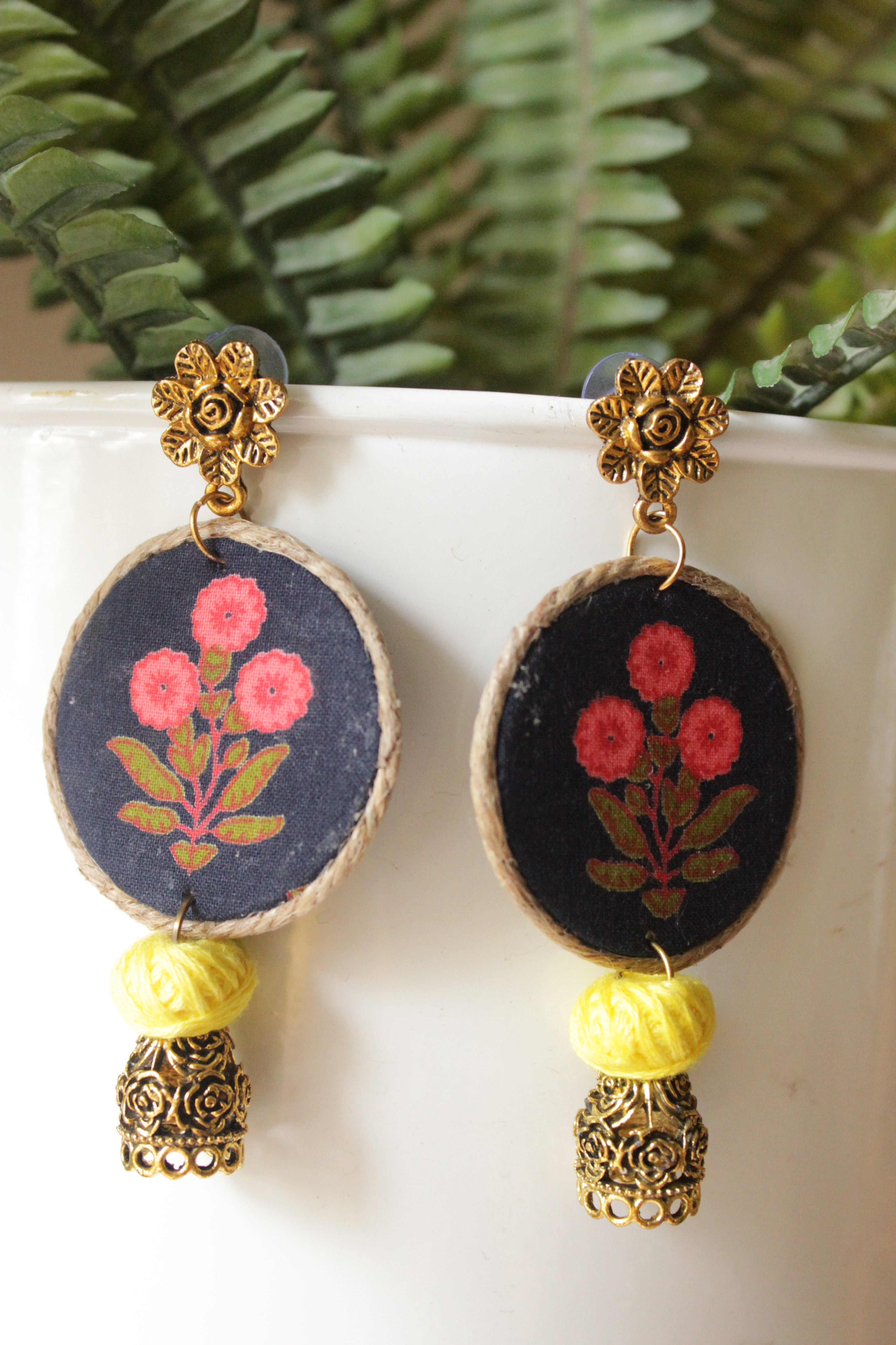 Black Block Printed Flower Motifs Gold Toned Fabric & Metal Earrings