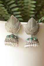 Load image into Gallery viewer, Oxidised Finish Intricately Detailed Leaf Motifs Jhumka Earrings
