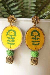 Yellow Block Printed Flower Motifs Gold Toned Fabric & Metal Earrings