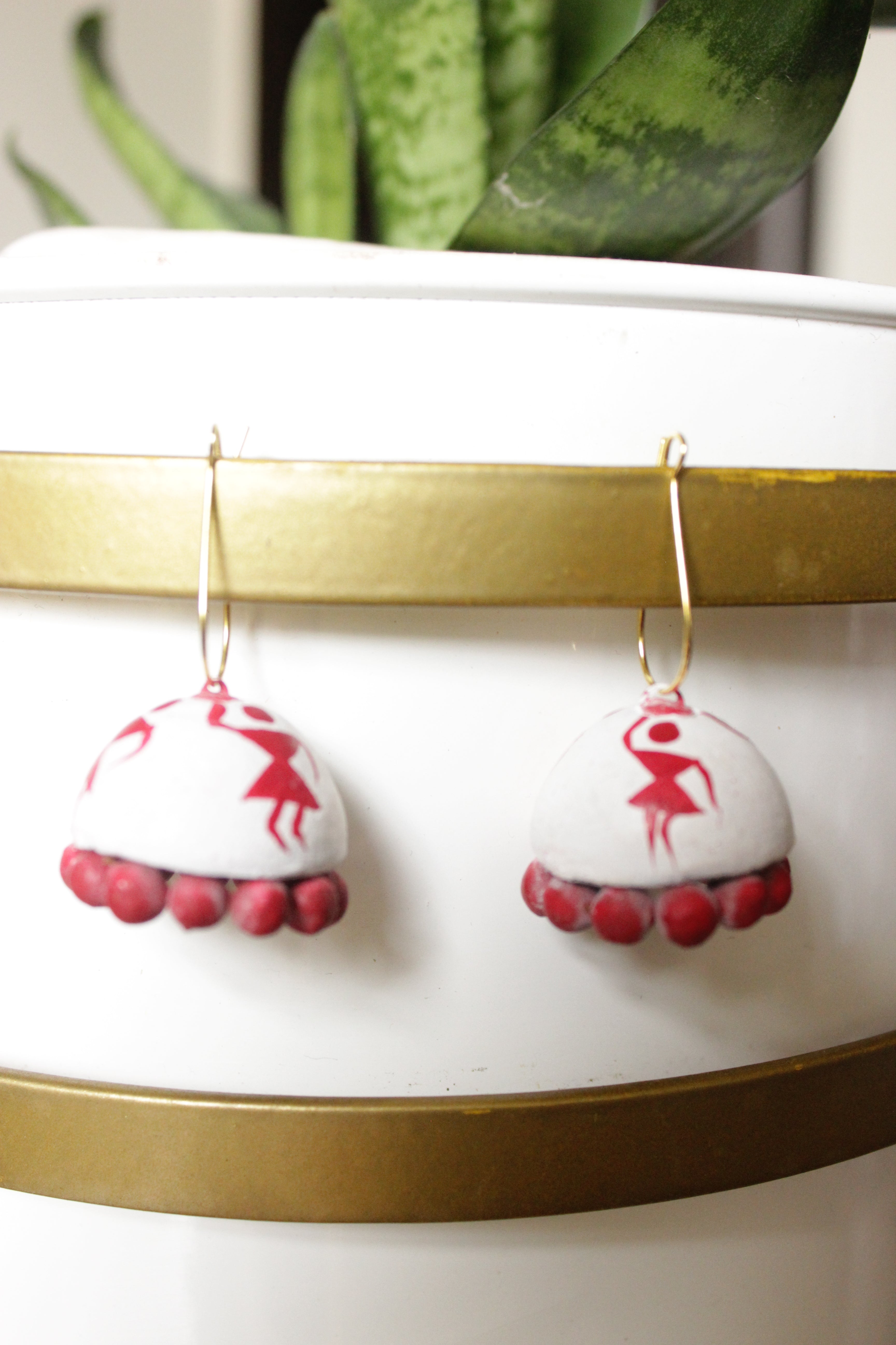 White & Red Hand Painted Tribal Motifs Terracotta Clay Jhumka Earrings