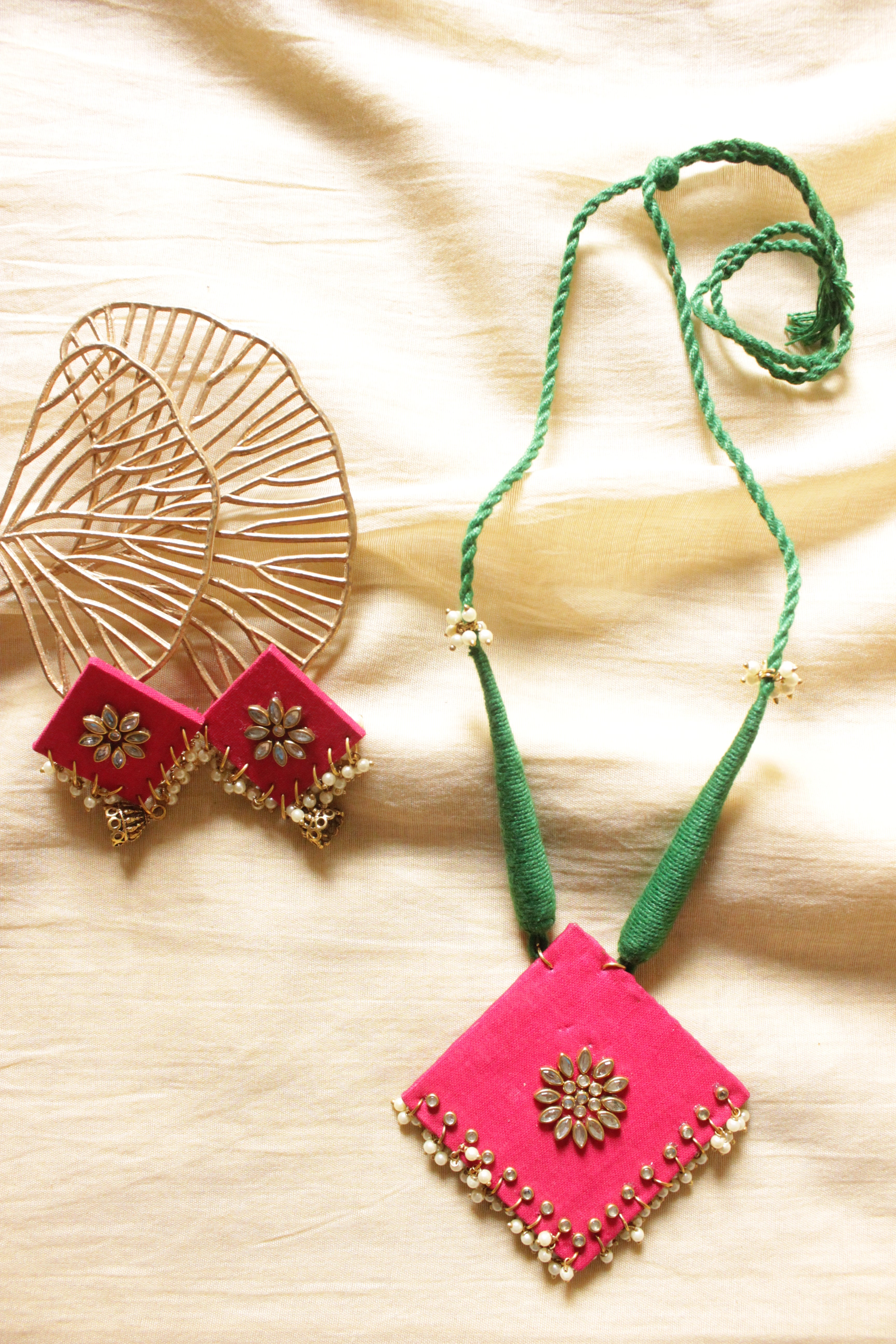 Fuchsia Fabric Kundan Stones Embellished Adjustable Closure Necklace Set