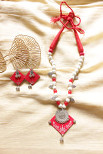 Load image into Gallery viewer, Red Fabric Hand Painted Necklace Set Elaborated with Metal Charms
