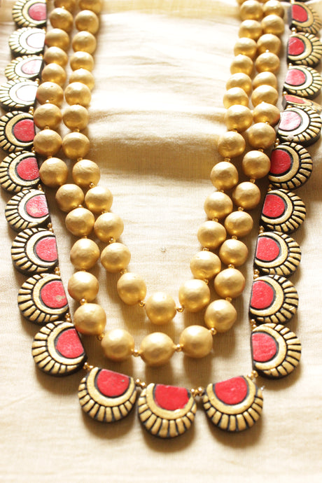 Gold Toned Festive Terracotta Clay 3 Layered Handcrafted Necklace Set