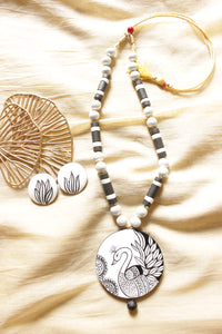 Monochrome Hand Painted Peacock Teracotta Clay Necklace Set
