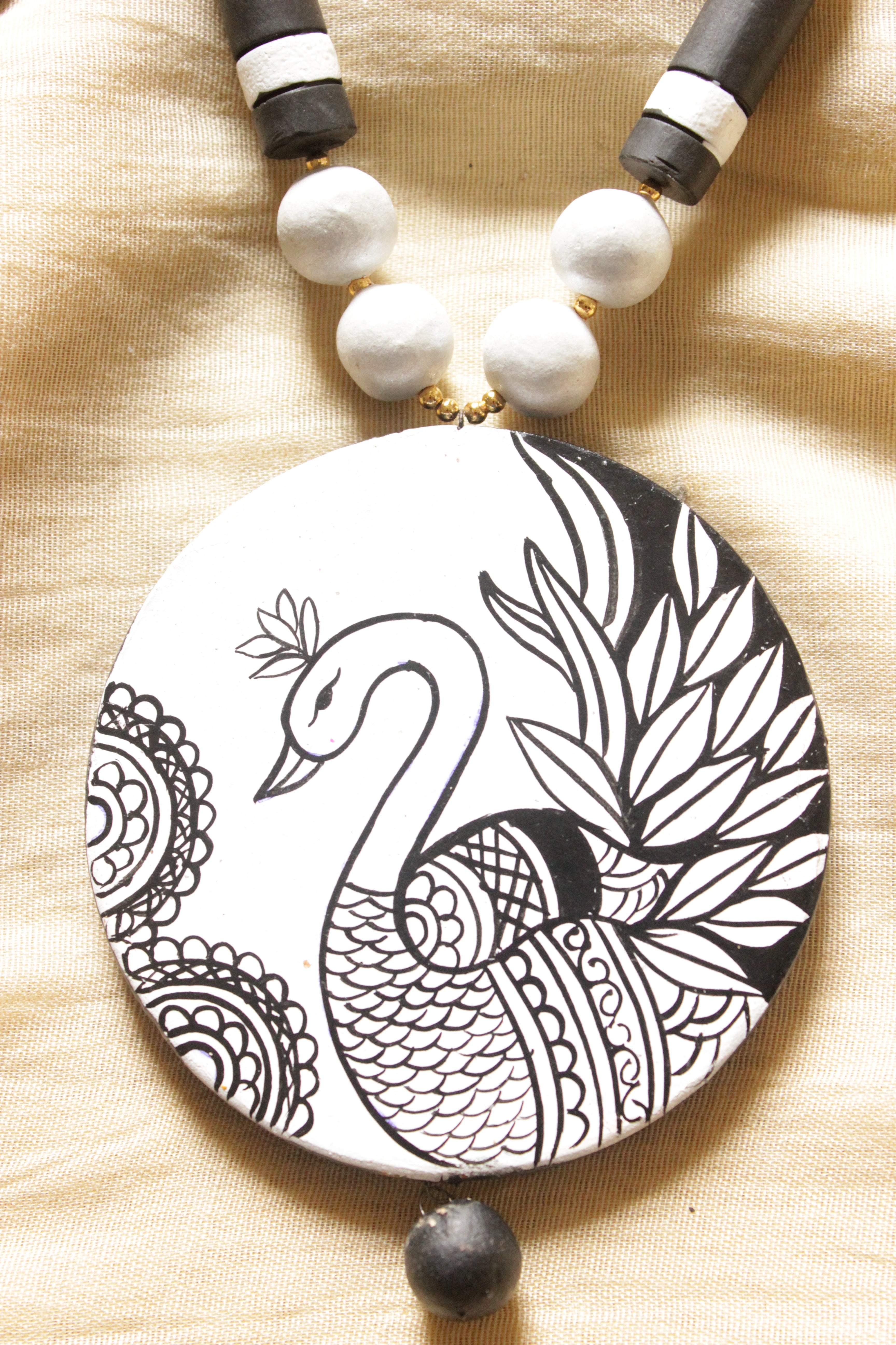 Monochrome Hand Painted Peacock Teracotta Clay Necklace Set