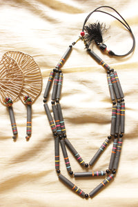 Black Terracotta Clay Beads Abstract Shape 3 Layer Necklace Set