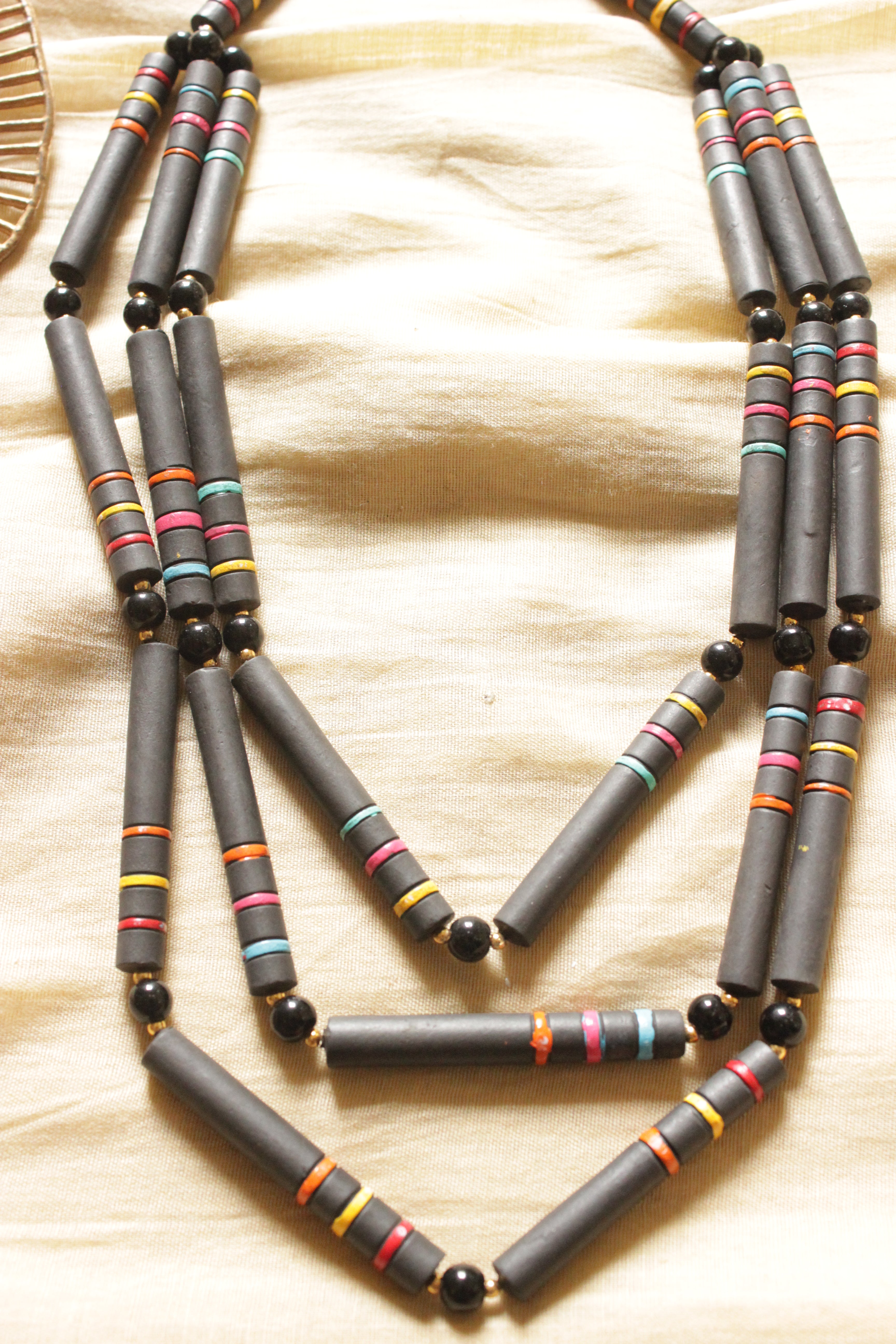 Black Terracotta Clay Beads Abstract Shape 3 Layer Necklace Set