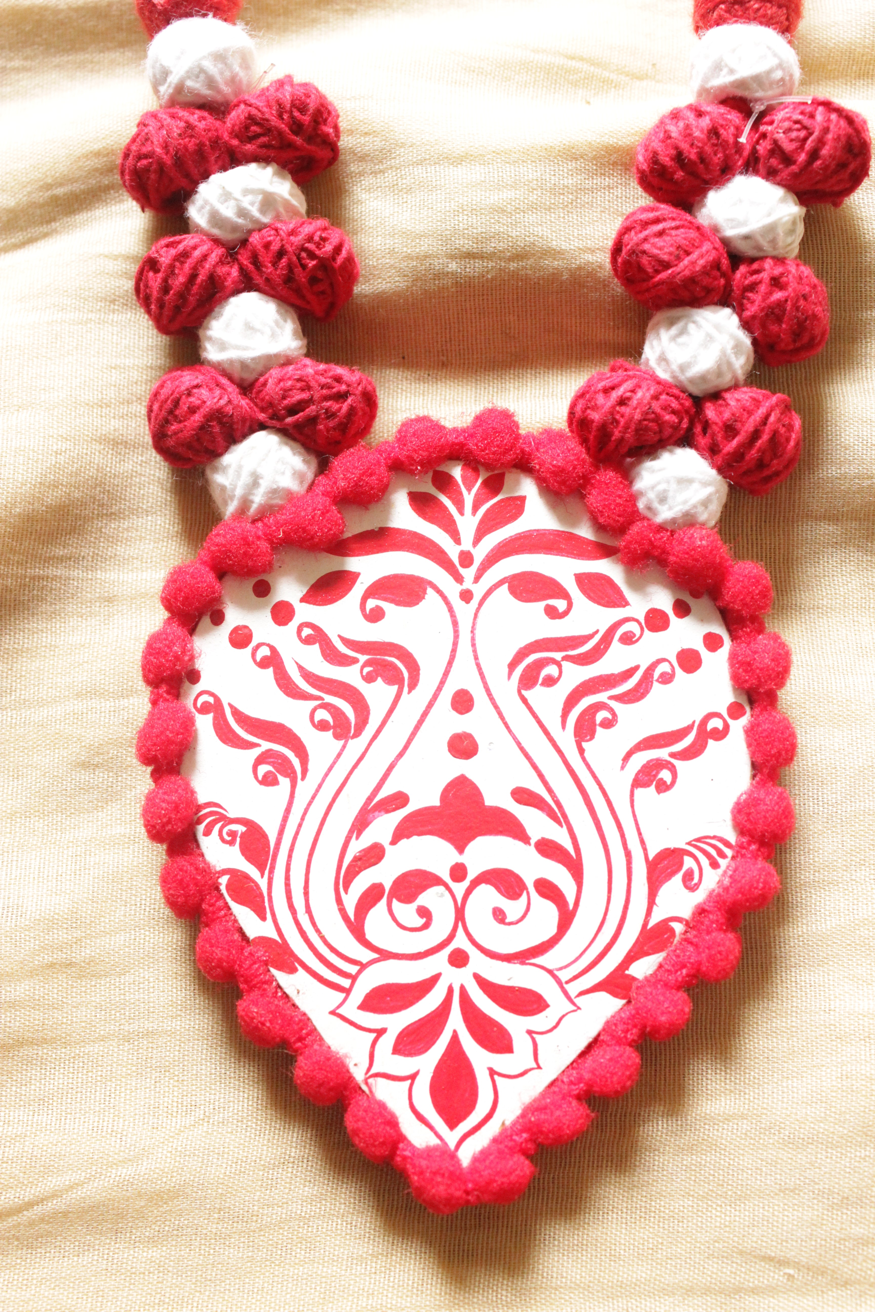 Hand Painted Flower Motifs Terracotta Clay Pendant and Handcrafted Fabric Beads Necklace Set