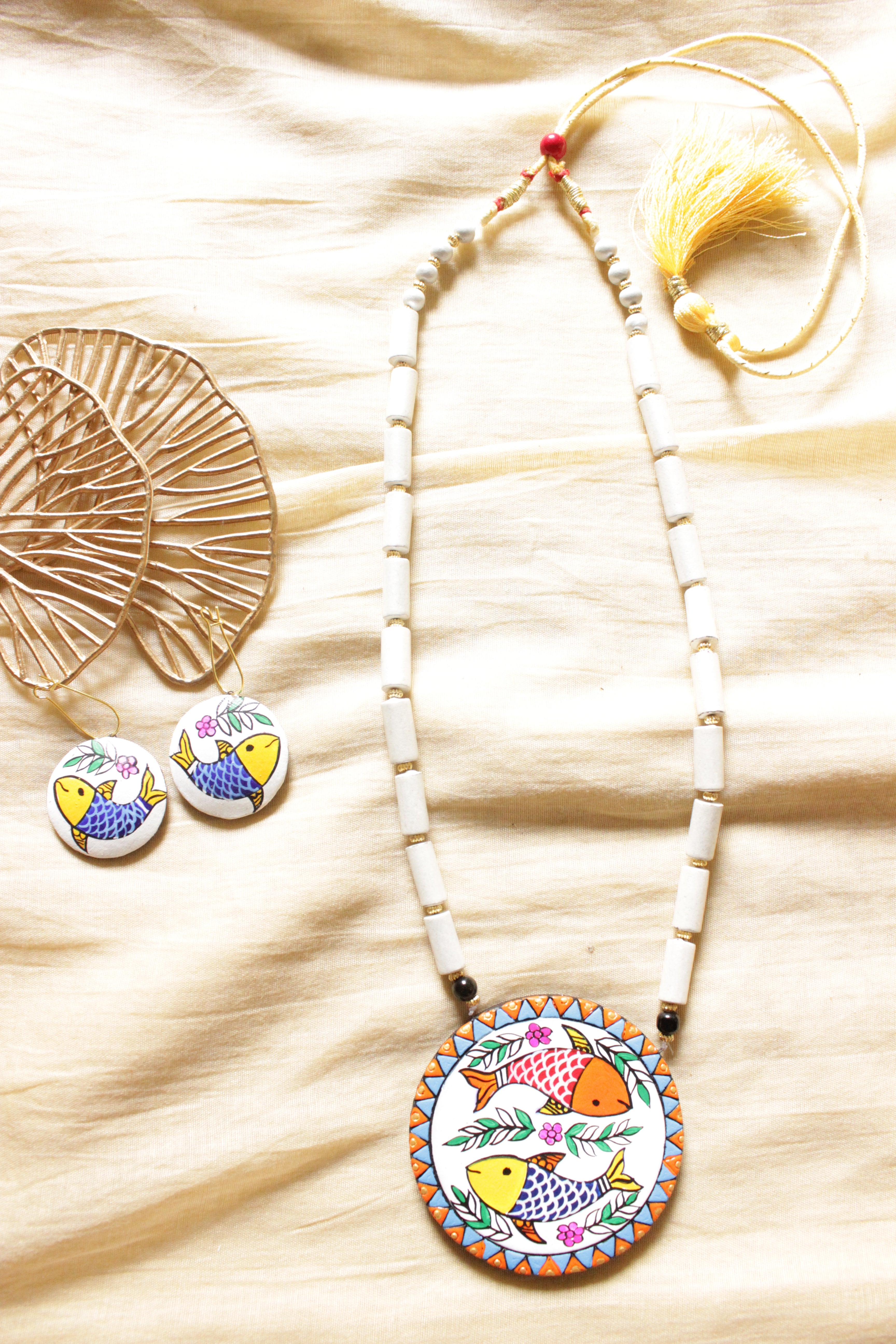 Hand Painted Fishes Terracotta Clay Necklace Set