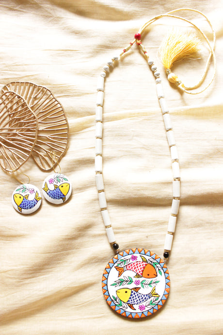 Hand Painted Fishes Terracotta Clay Necklace Set
