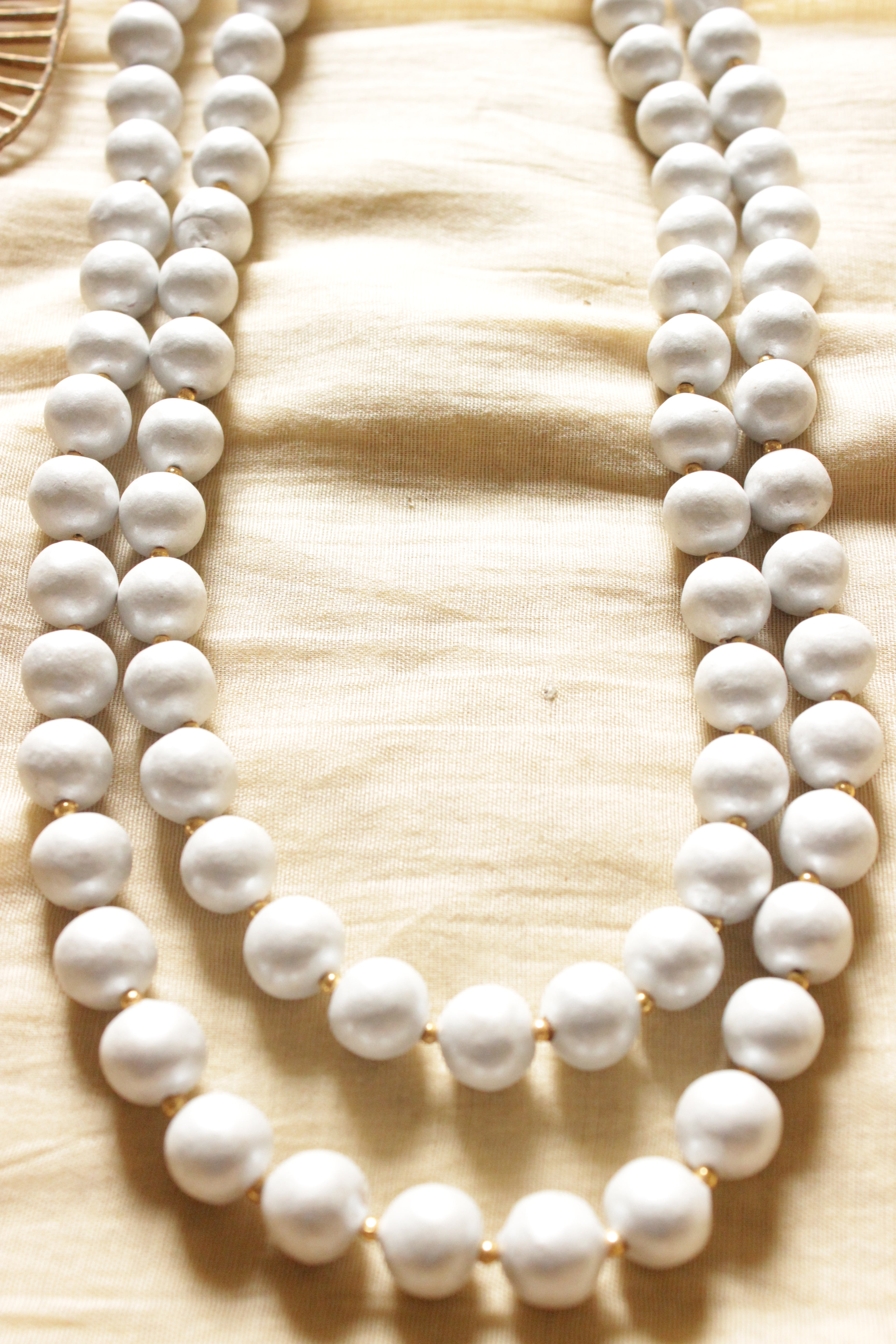 Terracotta Clay Handcrafted White Beads Versatile 2 Layered Necklace Set
