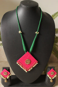 Fuchsia Fabric Kundan Stones Embellished Adjustable Closure Necklace Set