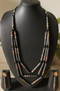 Black Terracotta Clay Beads Abstract Shape 3 Layer Necklace Set