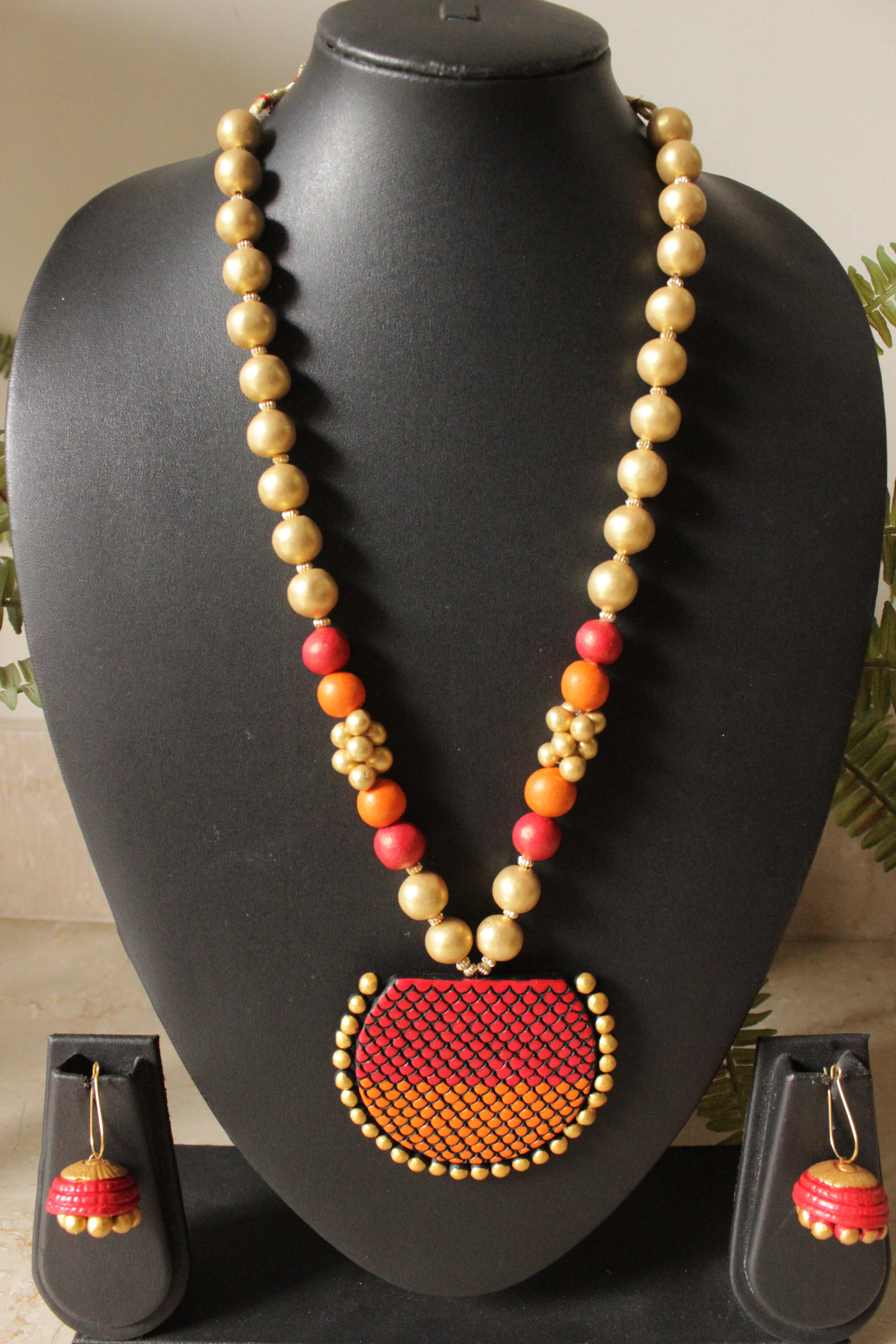 Earthy Gold Toned Handcrafted Terracotta Clay Necklace Set with Jhumka Earrings