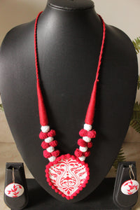 Hand Painted Flower Motifs Terracotta Clay Pendant and Handcrafted Fabric Beads Necklace Set