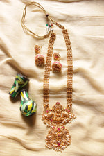 Load image into Gallery viewer, Dull Gold Finish Antique Religious Motifs Long Elaborate Temple Jewelry Necklace Set
