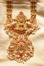 Load image into Gallery viewer, Dull Gold Finish Antique Religious Motifs Long Elaborate Temple Jewelry Necklace Set
