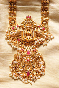 Dull Gold Finish Antique Religious Motifs Long Elaborate Temple Jewelry Necklace Set