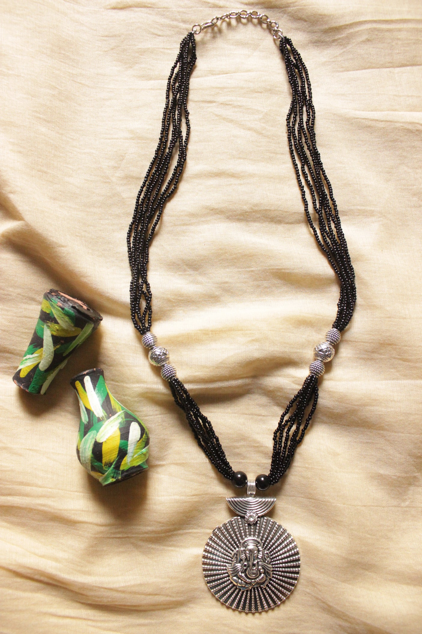Oxidised Finish Ganesha Motif Pendant Multi-Layer Black Beads Necklace