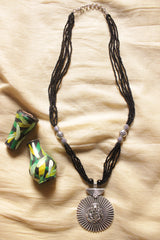 Oxidised Finish Ganesha Motif Pendant Multi-Layer Black Beads Necklace