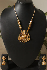 Gold Toned Religious Motif Temple Jewelry Necklace Set with Jhumka Earrings