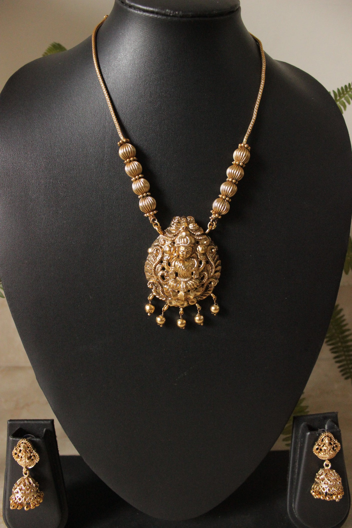 Dull Gold Finish Antique Religious Motifs Long Chain Temple Jewelry Necklace Set