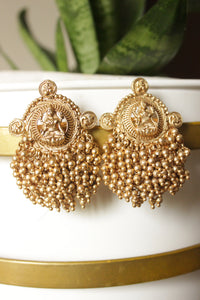 Dull Gold Finish Religious Motif Temple Jewelry Statement Earrings