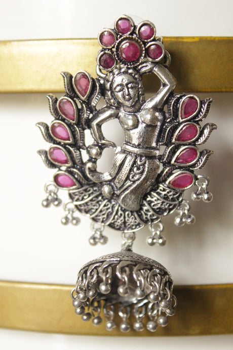 Fuchsia Glass Stones Embedded Oxidised Finish Girl Motif Statement Earrings