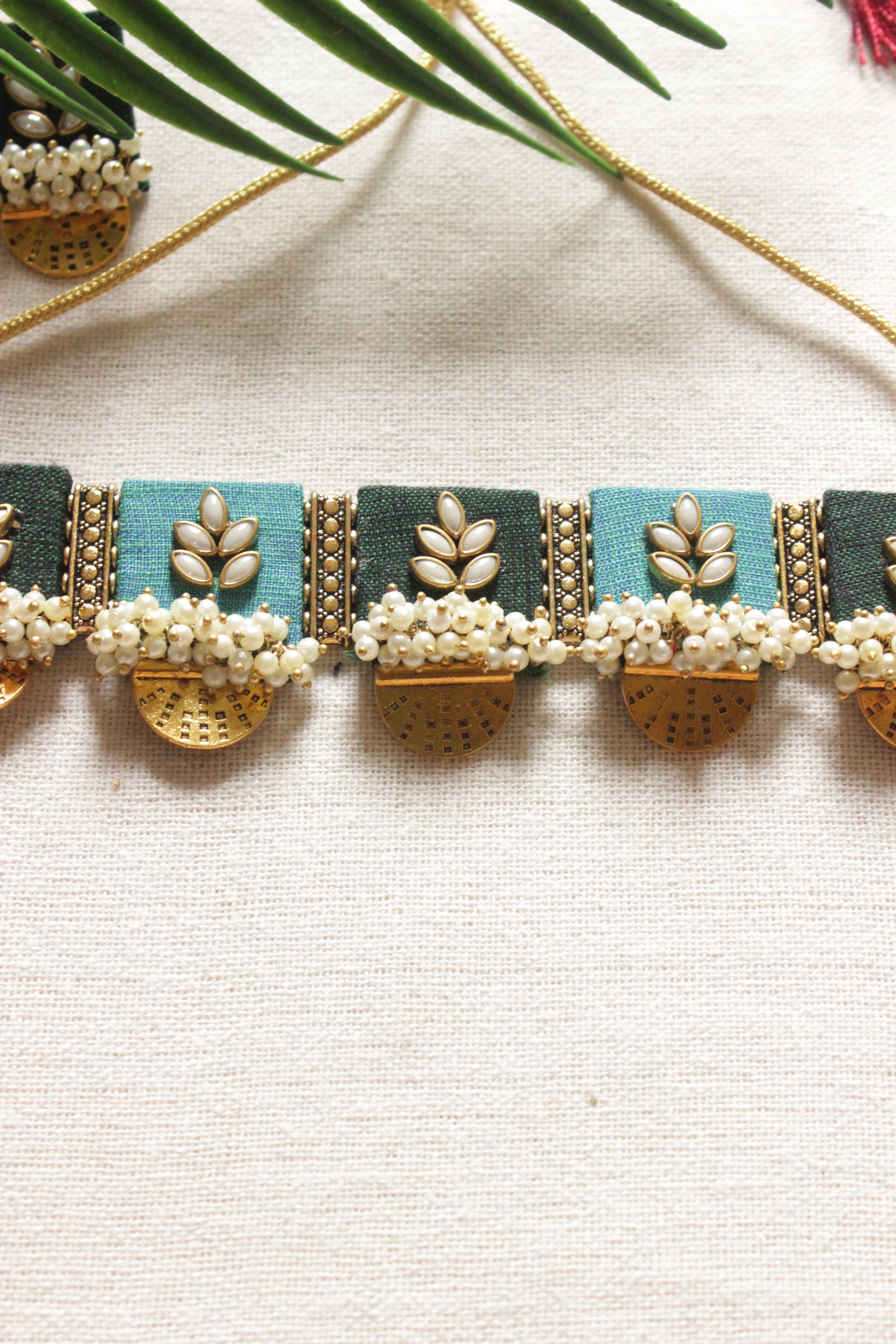 Green & Turquoise Gold Tones White Beads Embellished Fabric Choker Necklace Set with Adjustable Closure