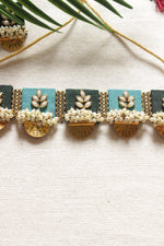 Load image into Gallery viewer, Green &amp; Turquoise Gold Tones White Beads Embellished Fabric Choker Necklace Set with Adjustable Closure
