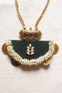 Bottle Green Fabric Gold Finish White Beads Embellished Necklace
