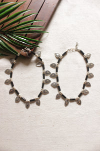 Leaf Shaped Metal Charms Braided with Black Beads Anklets - Set of 2