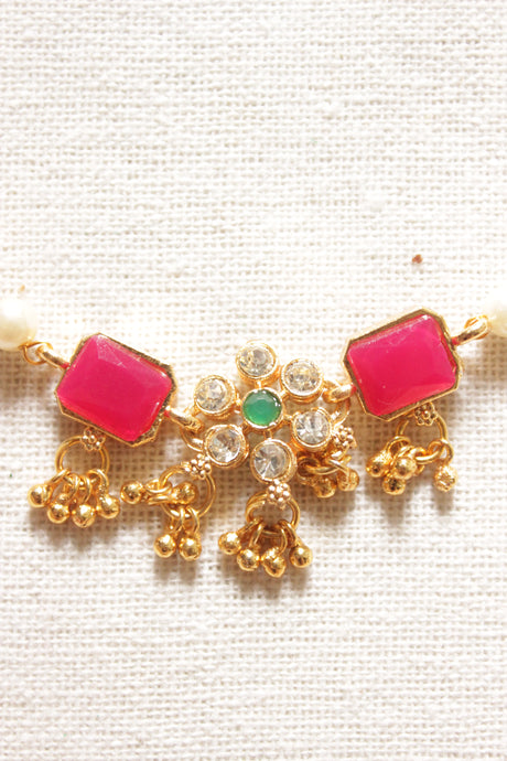 White Beads and Red Natural Gemstones Embedded Gold Toned Choker Necklace Set