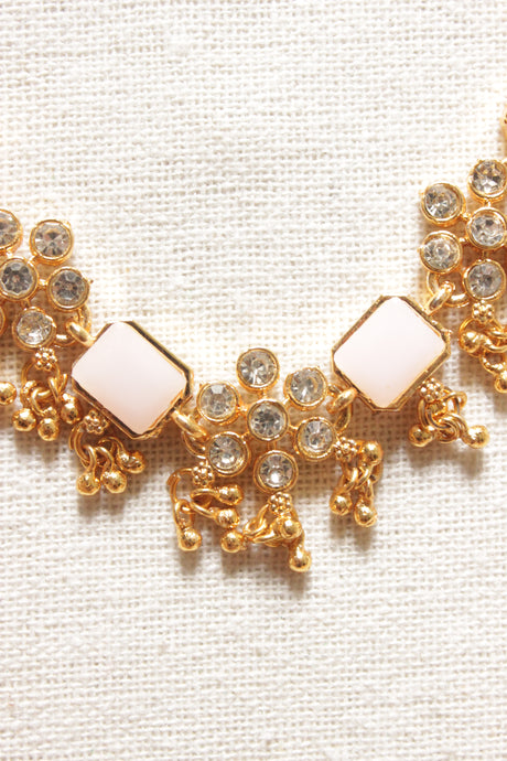 Ivory Natural Gemstones Embedded Gold Toned Choker Necklace Set with Adjustable Closure