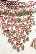 Load image into Gallery viewer, Pink &amp; Orange Crescent Moon &amp; Tear Drop Shaped Metal Charms Elaborate Statement Choker Necklace Set
