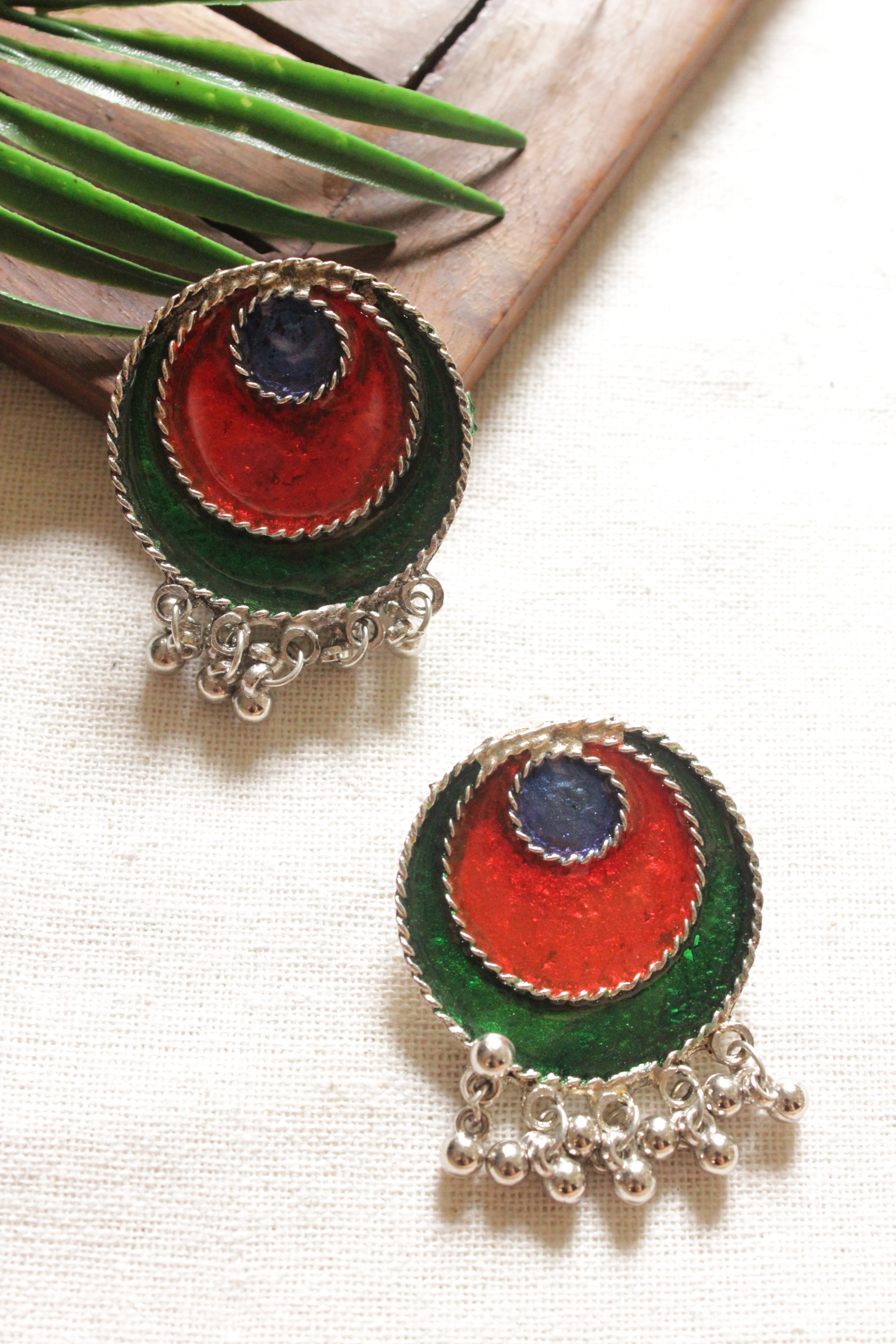 Green & Red Enamel Painted Silver Finish Adjustable Length Afghani Choker Necklace Set