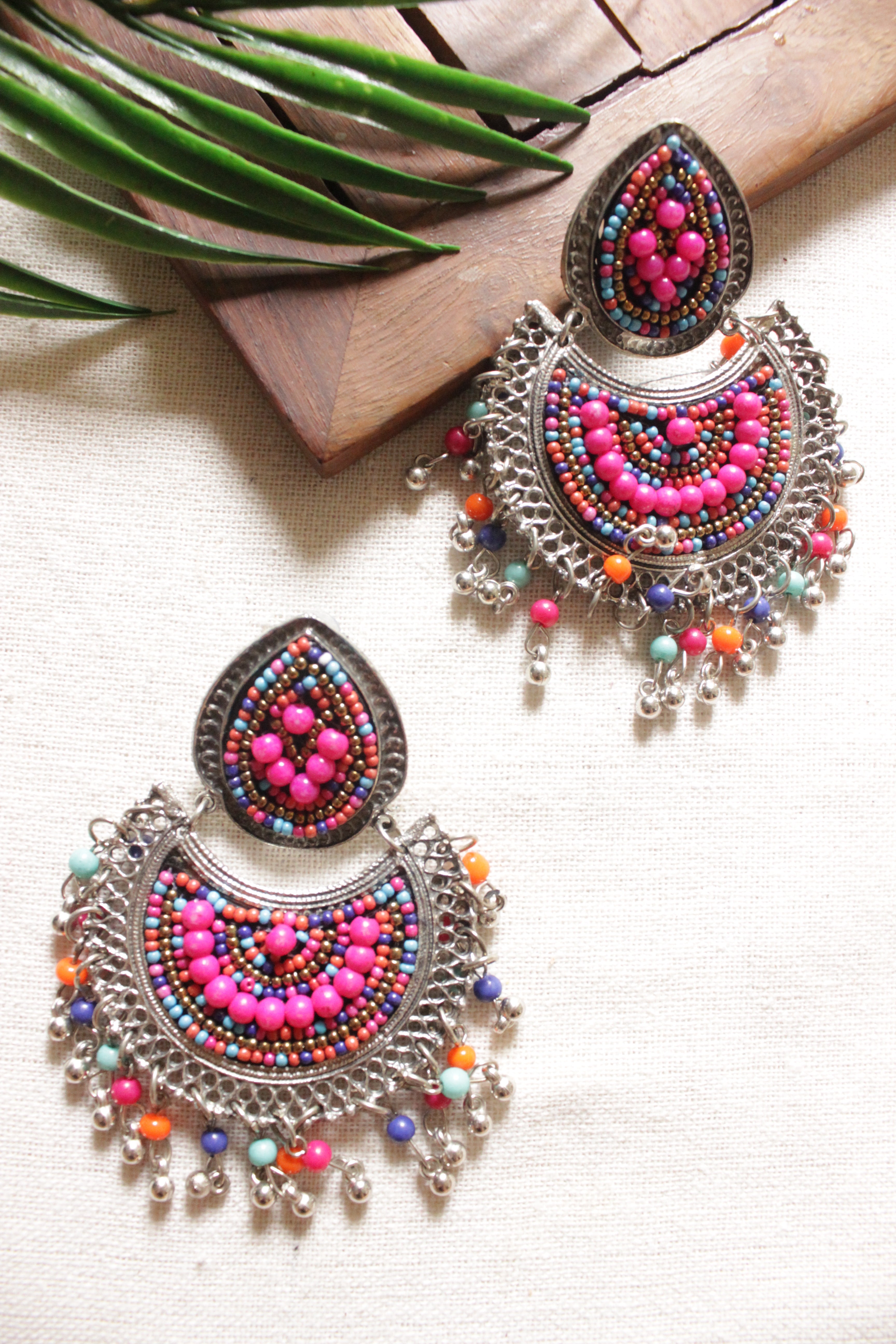 Multi-Color Beads Embellished Afghani Style Metal Earrings