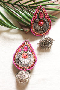 Orange & Pink Beads Embellished Afghani Style Metal Jhumka Earrings