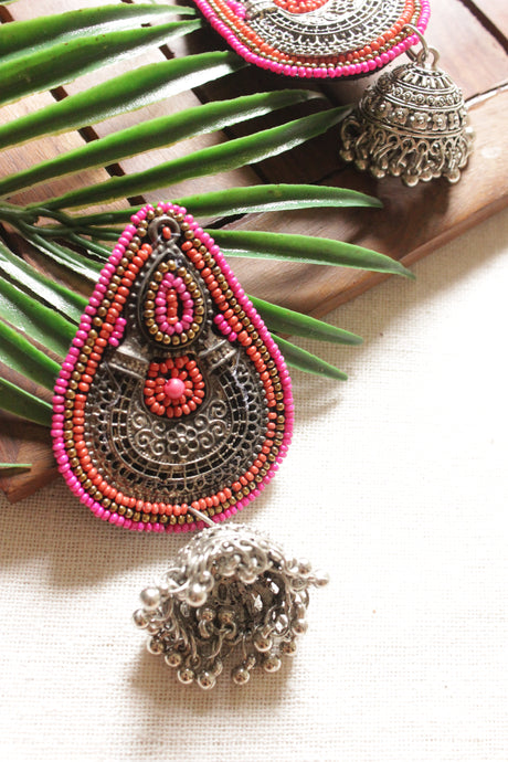 Orange & Pink Beads Embellished Afghani Style Metal Jhumka Earrings