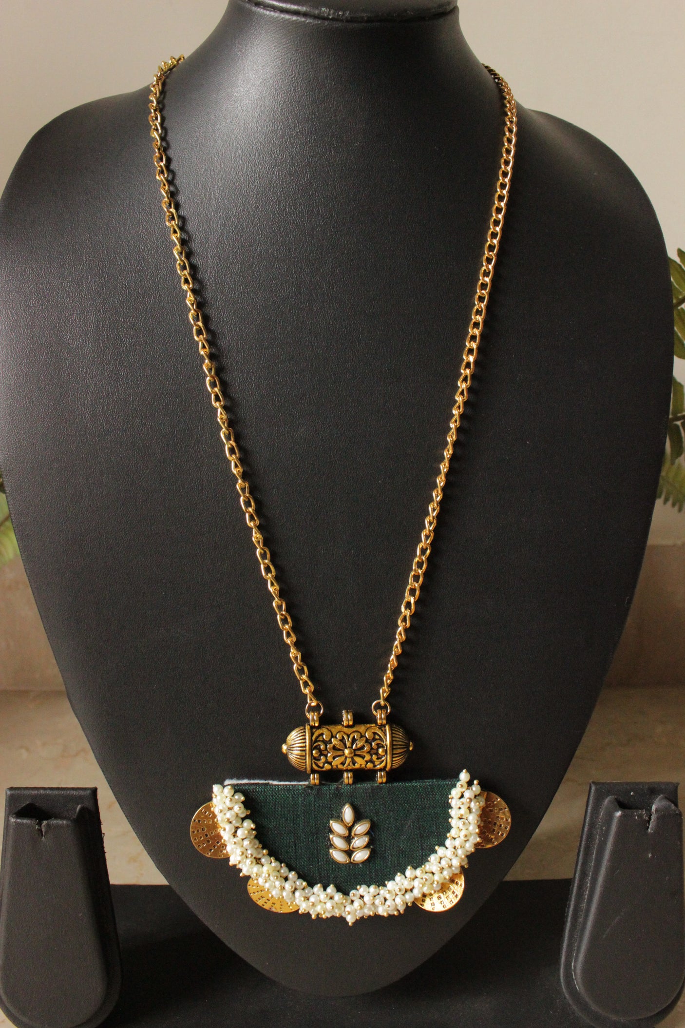 Bottle Green Fabric Gold Finish White Beads Embellished Necklace