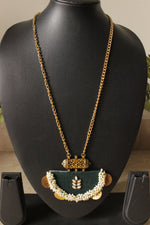 Load image into Gallery viewer, Bottle Green Fabric Gold Finish White Beads Embellished Necklace
