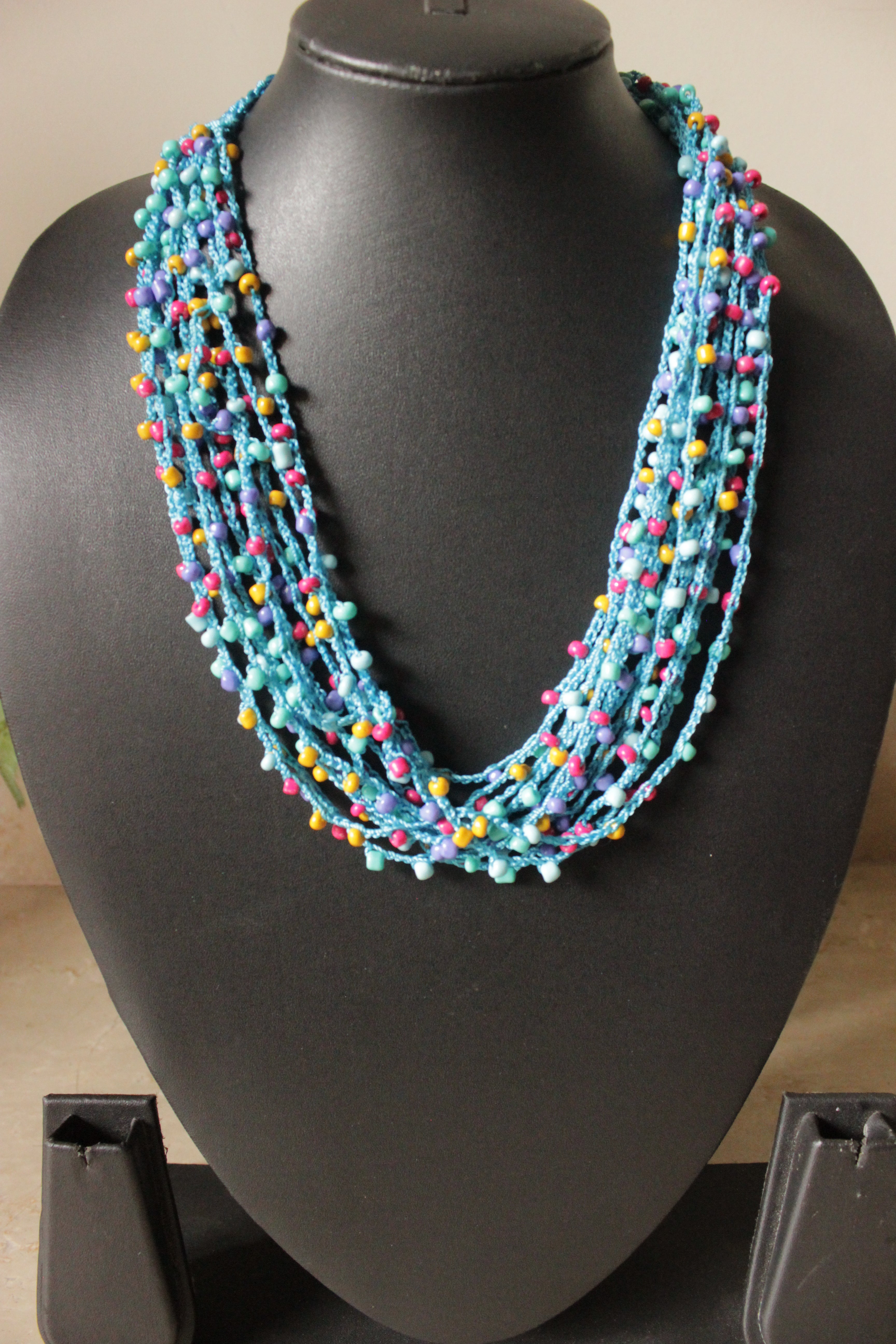 Braided Wooden Beads and Fabric Multi-Layer Necklace
