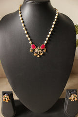 White Beads and Red Natural Gemstones Embedded Gold Toned Choker Necklace Set